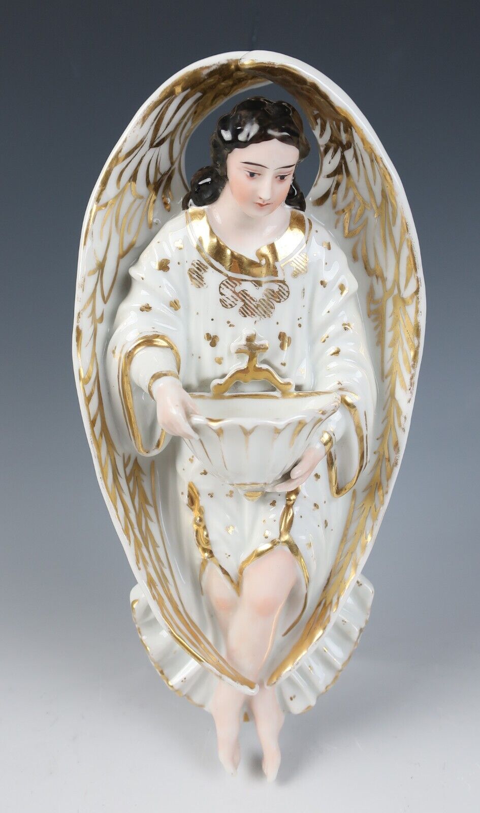 19th C. Antique French Porcelain Angel Holy Water Font Vieux Paris Archangel