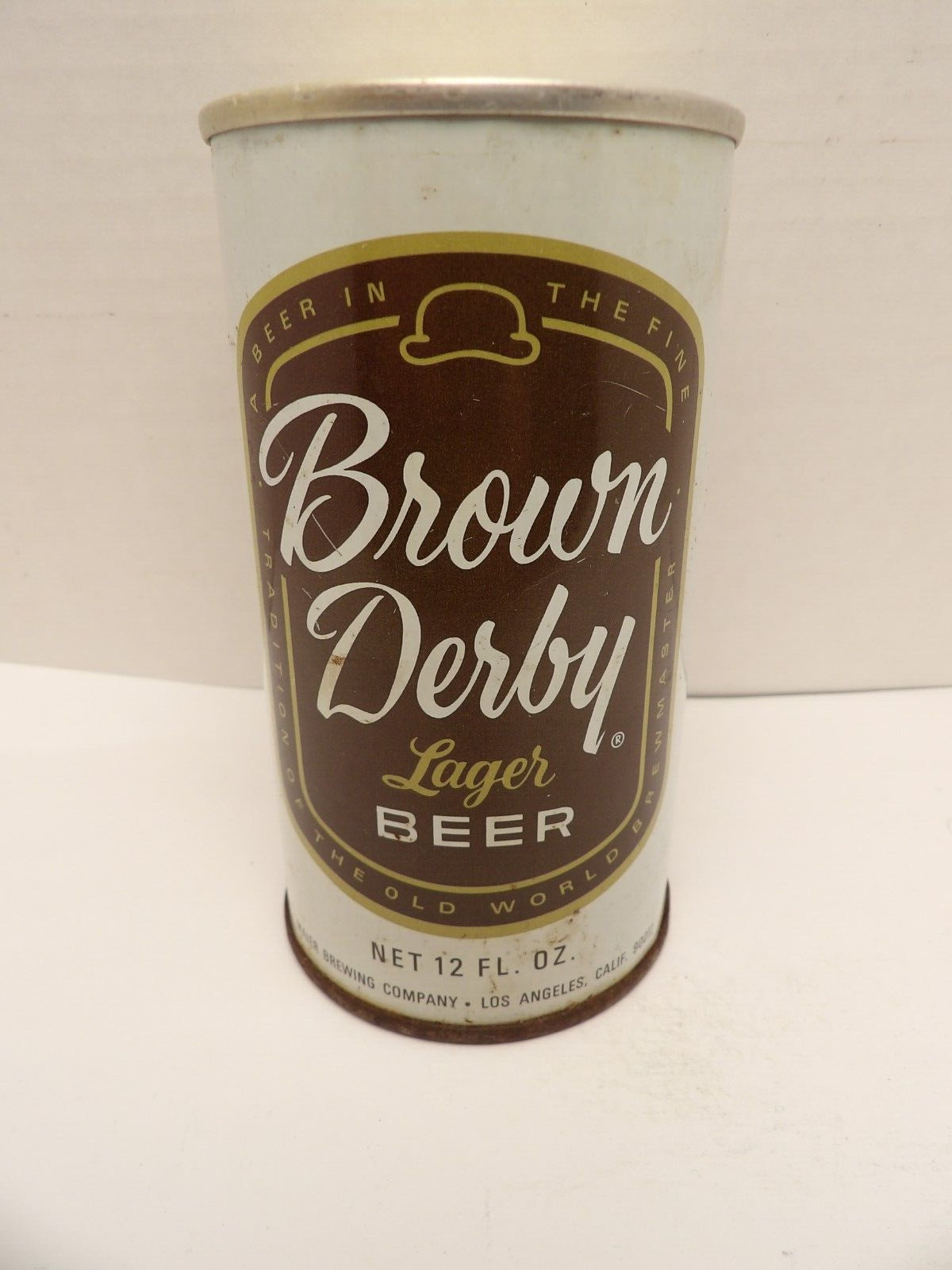 BROWN DERBY STRAIGHT STEEL PULL TAB BEER CAN #46-16 MAIER BREWING CALIFORNIA