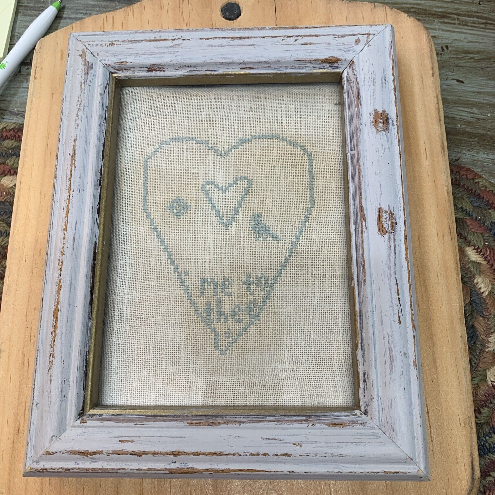 Vintage Needlework Heart In Frame “Me To Thee”