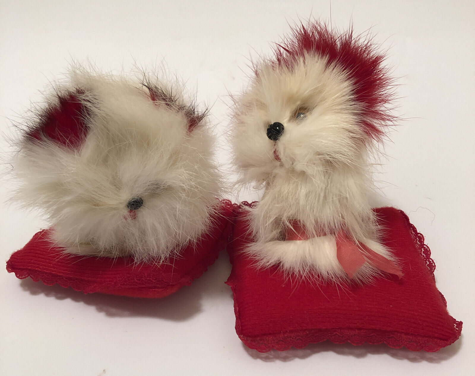 Vintage White Fluffy Furry Real Fur Dog puppy\'s Setting on Red Cloth Pillows 4\