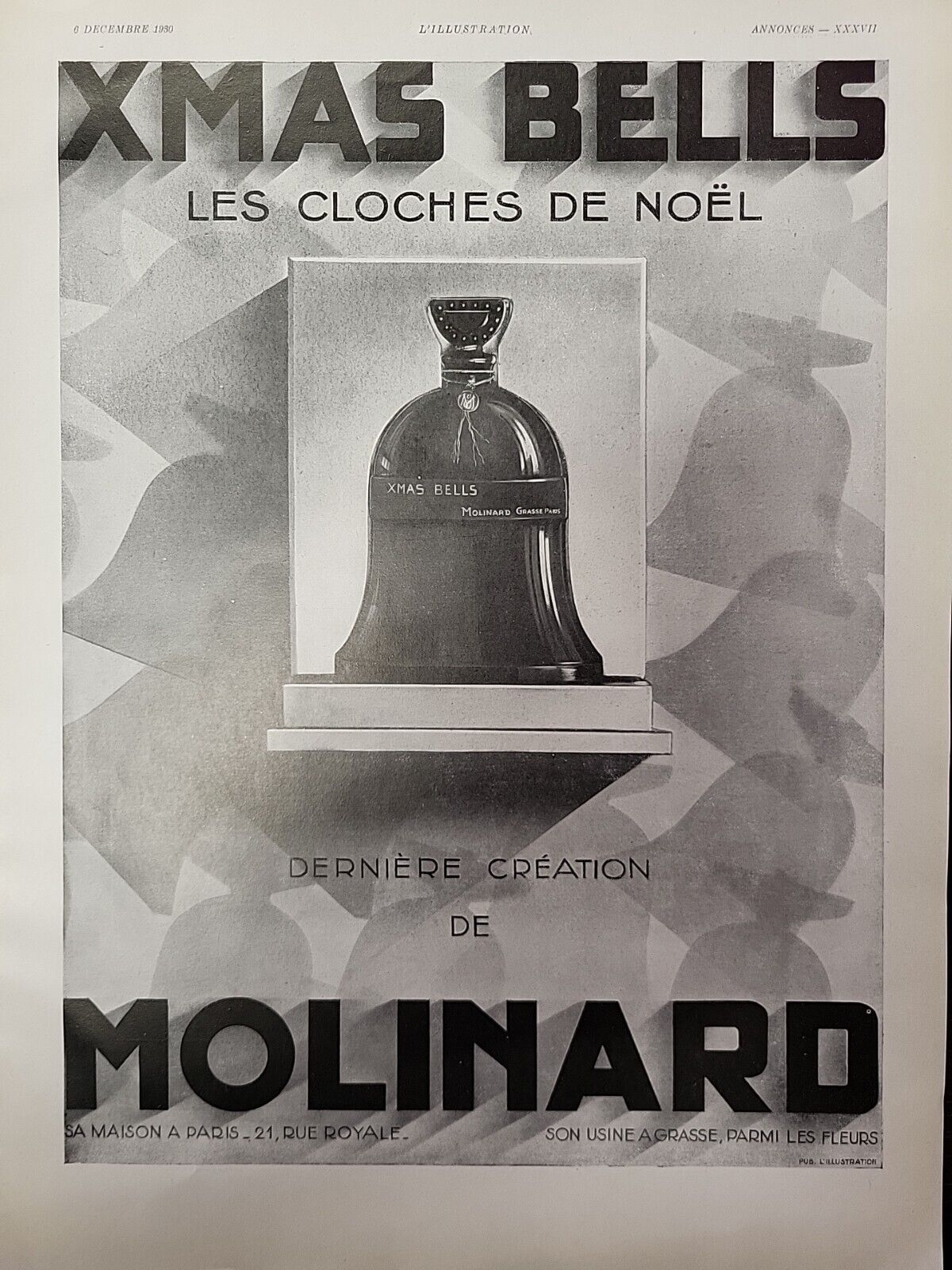 Molinard Xmas Bells Perfume 1930 L\'illustration Mag Print Ad FRENCH Christmas
