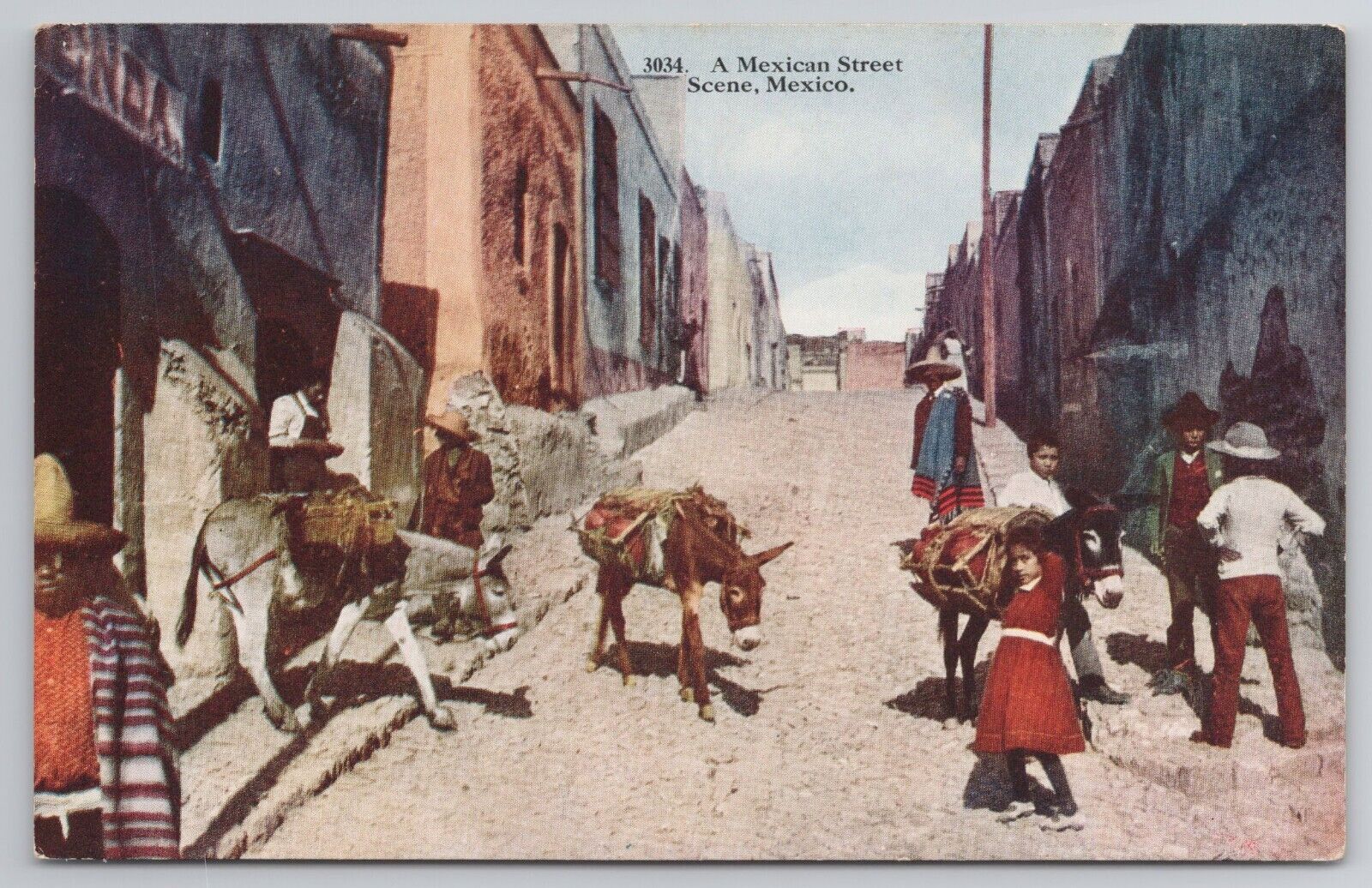 Postcard A Mexican Street Scene Mexico Children & Donkey\'s