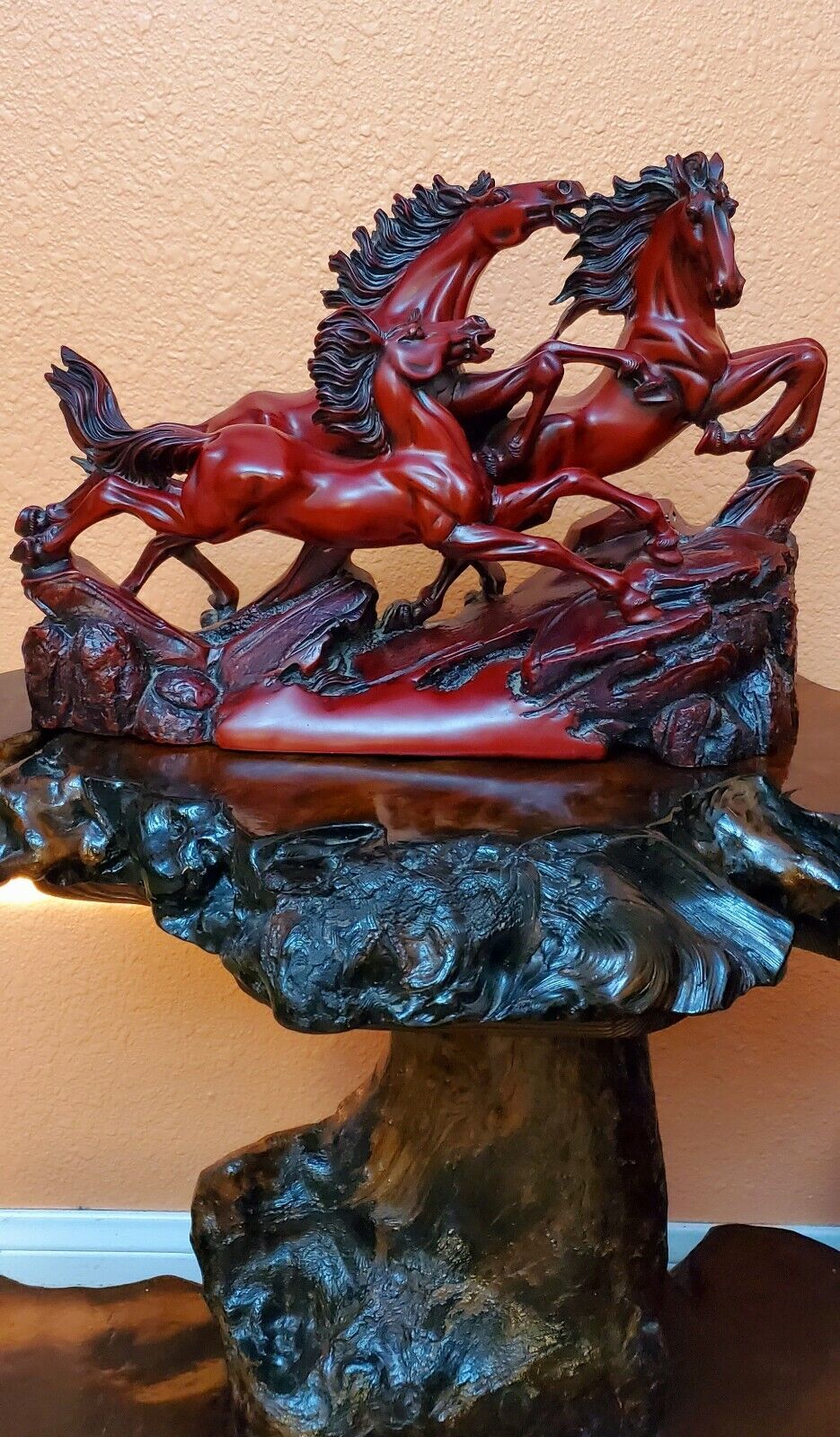 Vintage Mahogany Red Resin 3 Stallions Galopping Horses, Chinese Figurine...