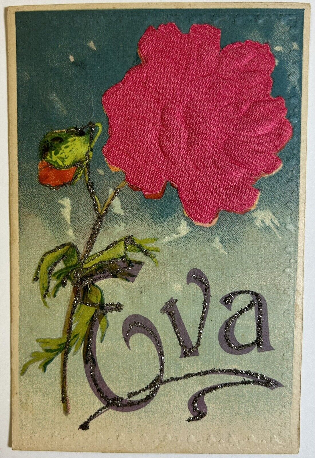 Antique Glitter Name Postcard, Unposted, Eva, Rose