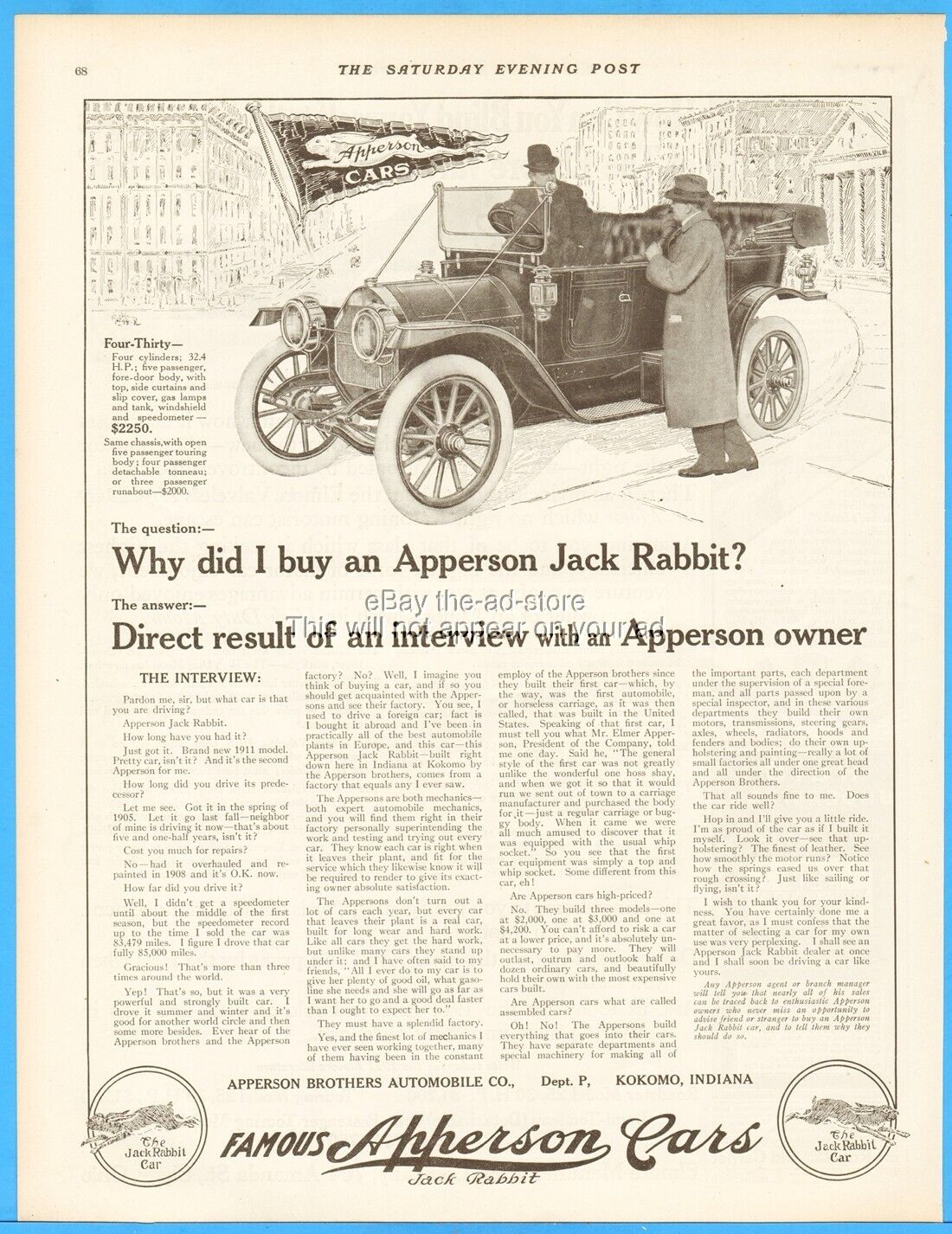 1911 Apperson Brothers Automobile Ad Jack Rabbit 4-30 Kokomo IN Antique Car Ad