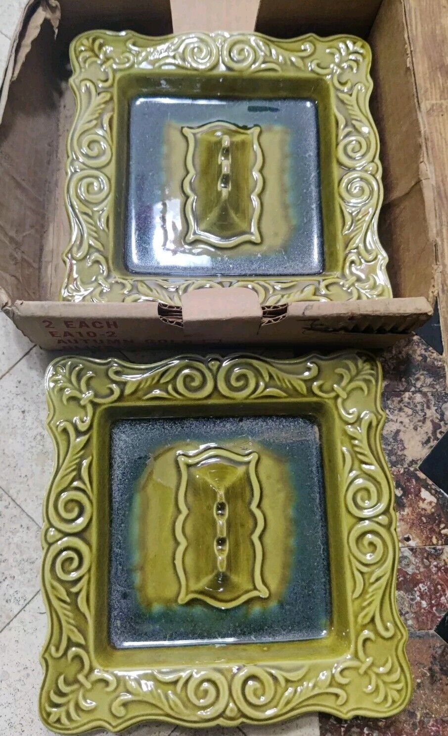 Lot Of 2 New In Original Box Vintage Ceramic Green Ashtrays EA10-2 Olive NIB
