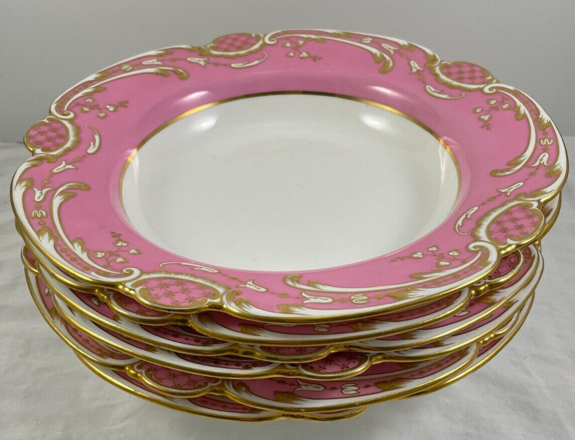 Pink Gold Rimmed Soup Bowl Mintons Set of 6 Antique Numbered