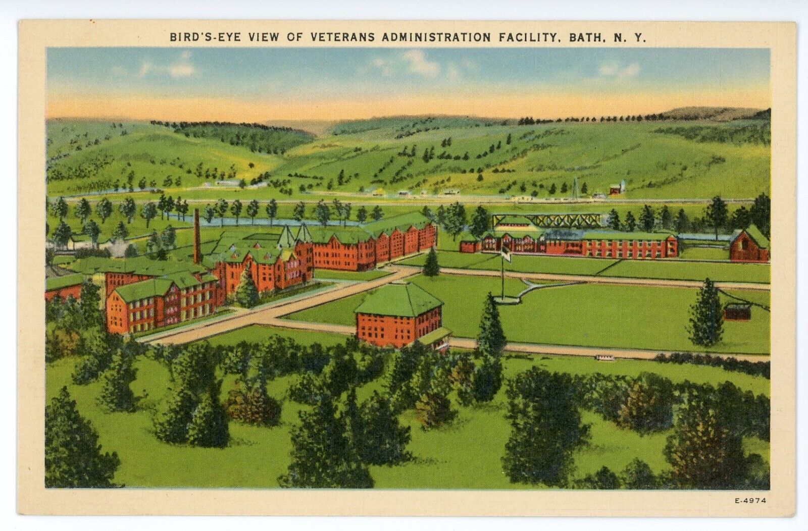 Vintage Postcard Bath, NY Birds-Eye View Veterans Administration Facility Linen