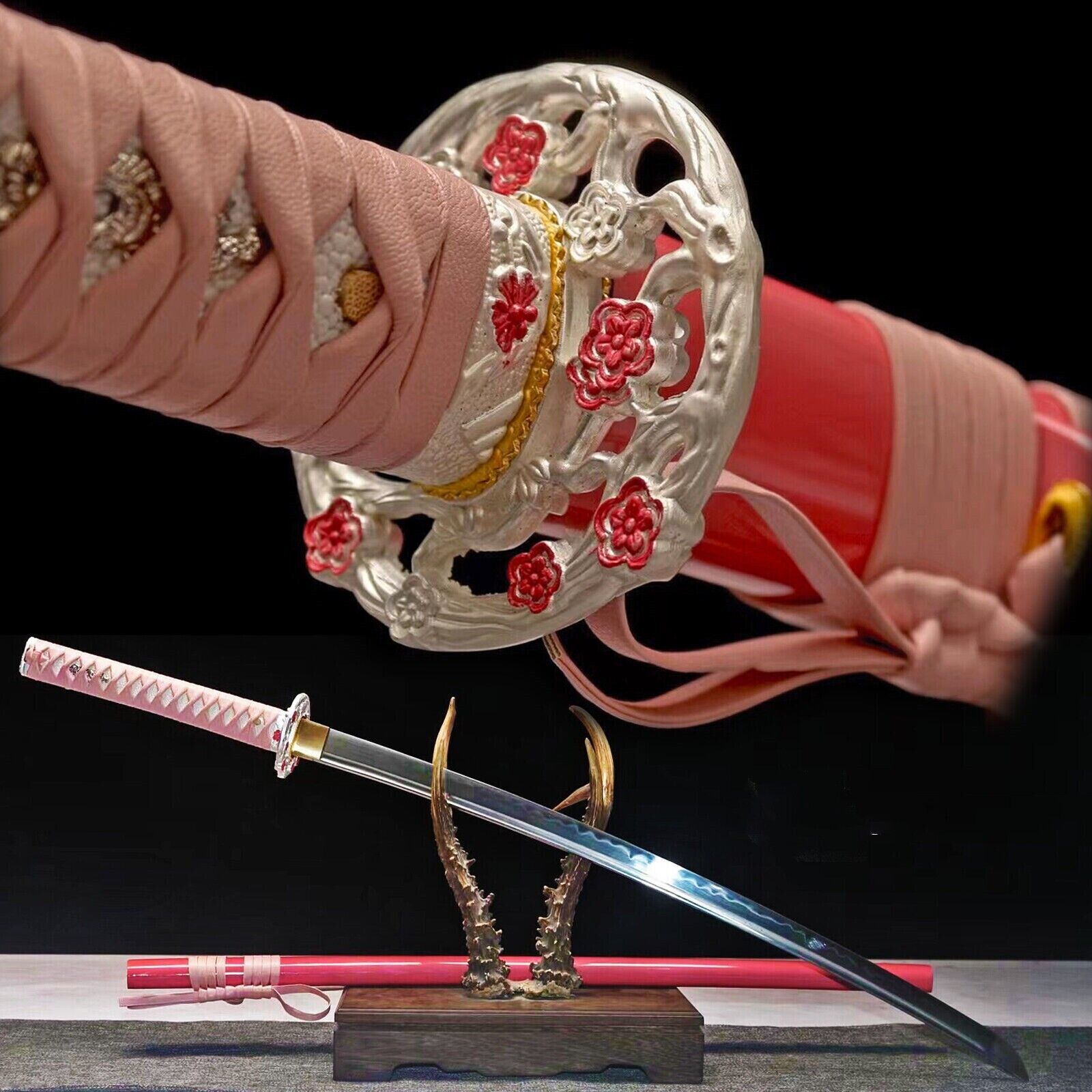 Sakura Pink Katana Clay Tempered 1095 Steel Japanese Samurai Sharp Lady Sword
