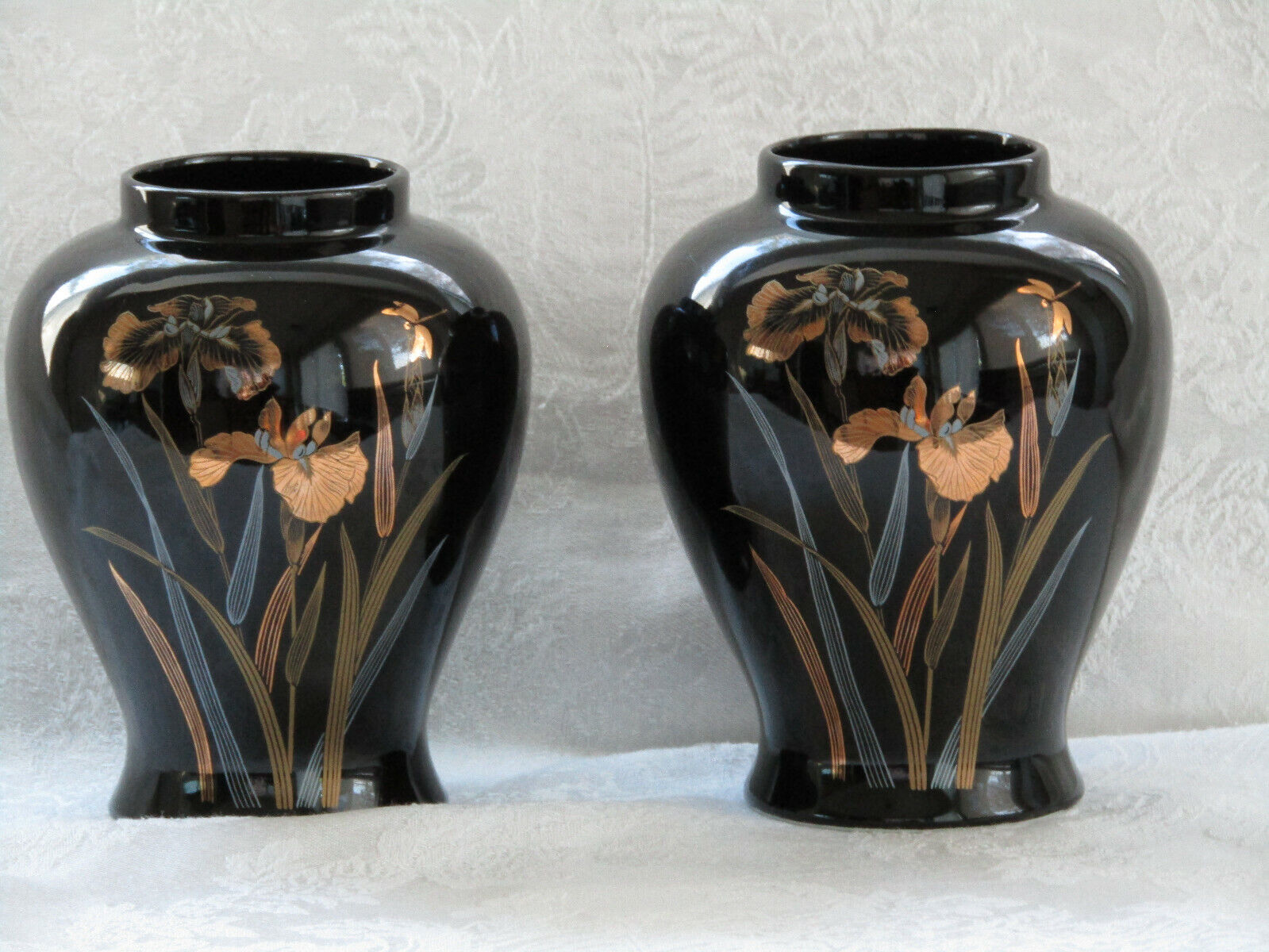 Pair of Artmark Flowers and Dragonfly Black Porcelain Japanese Vintage 6\