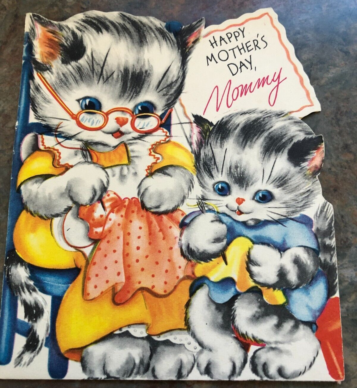 Mother's Day Mommy Cat Kitten Sewing Dress Diecut Embossed Vtg Card  J