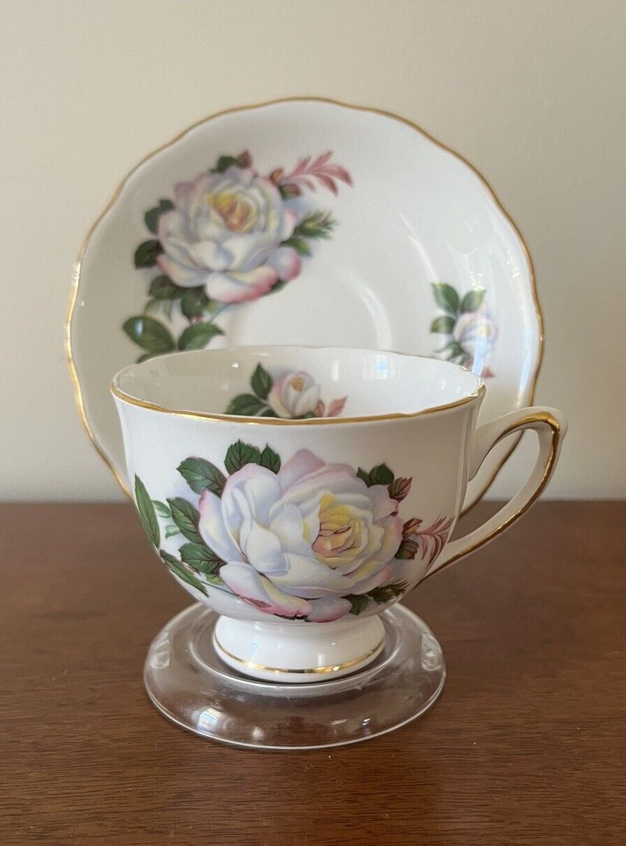 Vintage Royal Vale Tea Cup & Saucer White Roses Bone China Made In England