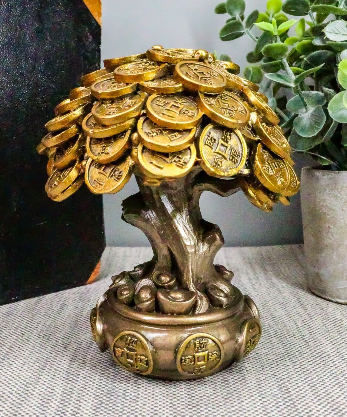 Ebros Feng Shui Gold Tree Statue Golden Money Coin Tree Figurine Home Decor