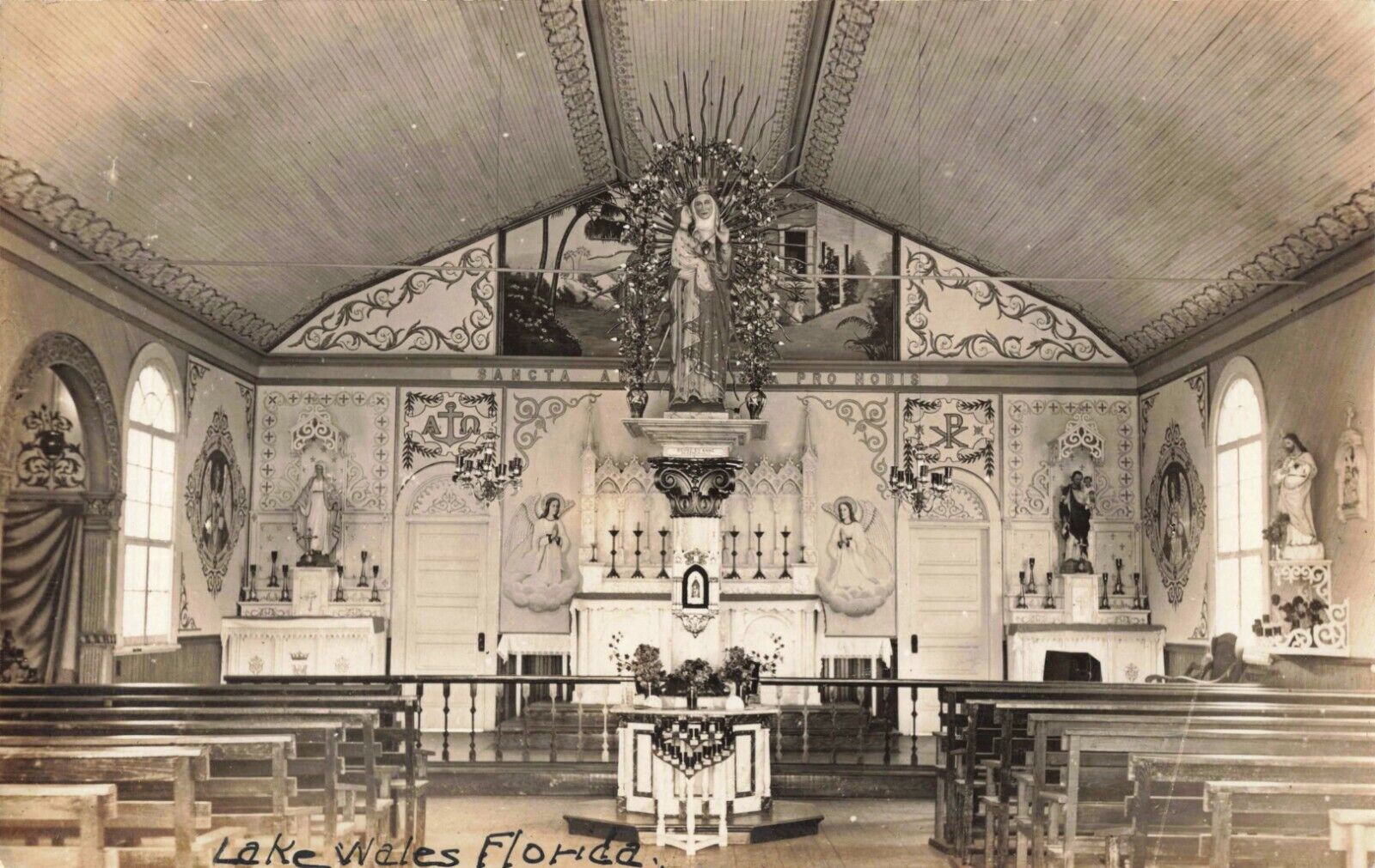 St. Anne\'s Shrine Church Interior, Lake Wales, Florida FL - 1932 Real Photo RPPC