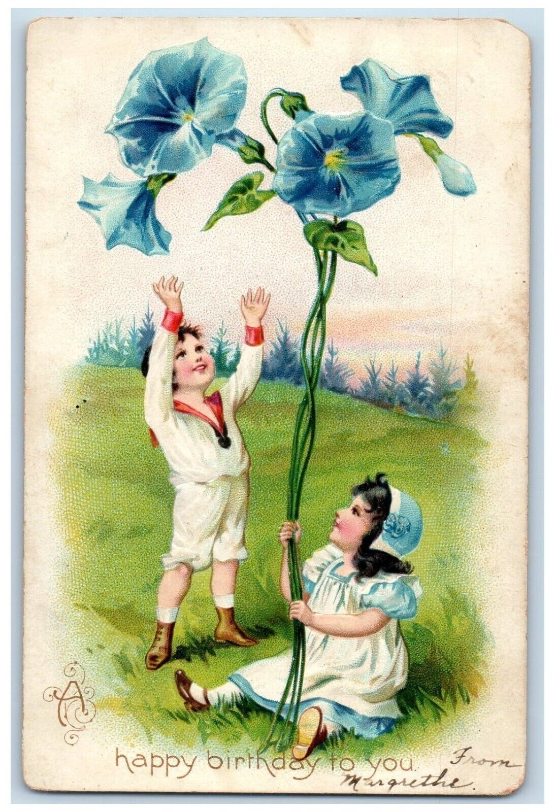 1907 Happy Birthday Children Blue Flowers Embossed Tuck\'s Yeadon PA Postcard