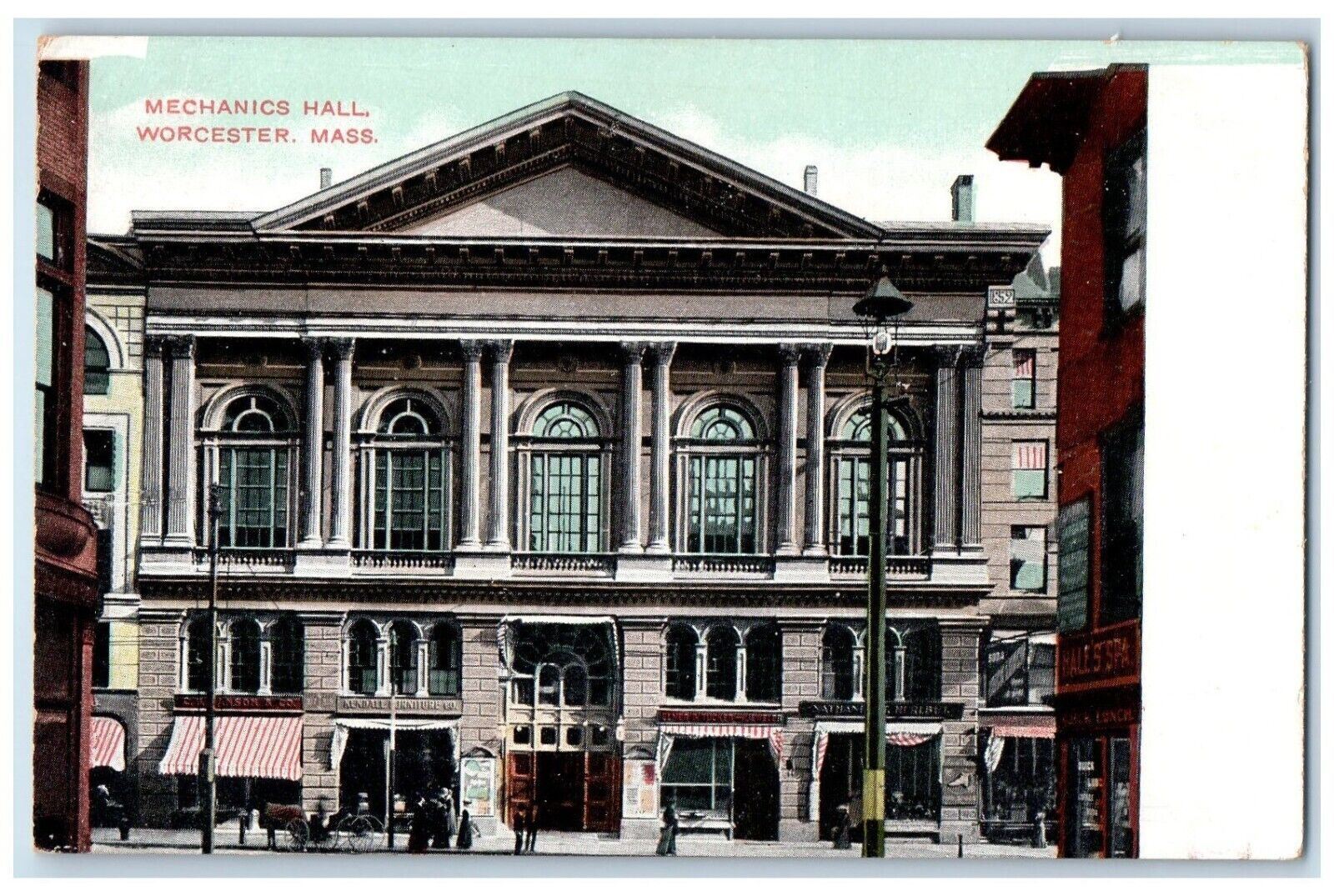 c1910\'s Mechanics Hall Building Street View Worcester Massachusetts MA Postcard