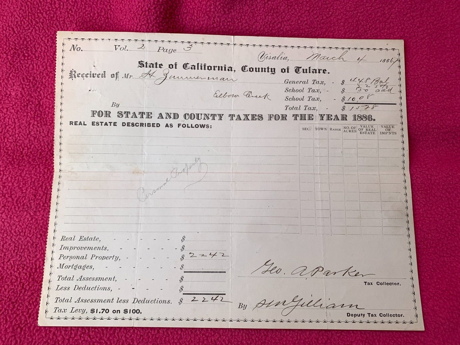 YEAR 1886 state of CALIFORNIA county TULARE REAL ESTATE tax receipt TAXES value
