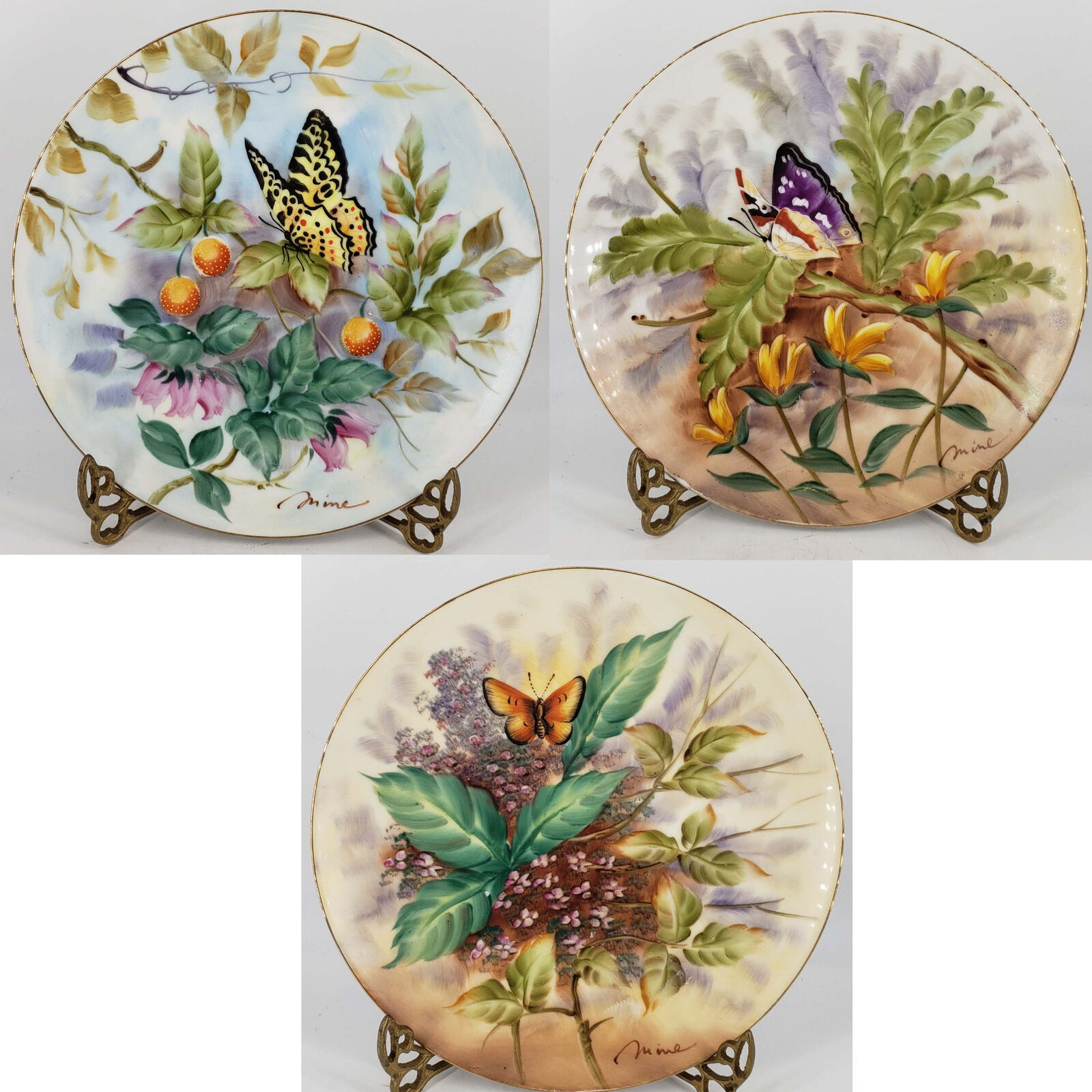 Set of 3 Hand Painted Signed Butterfly Floral Flower plates Norcrest Japan