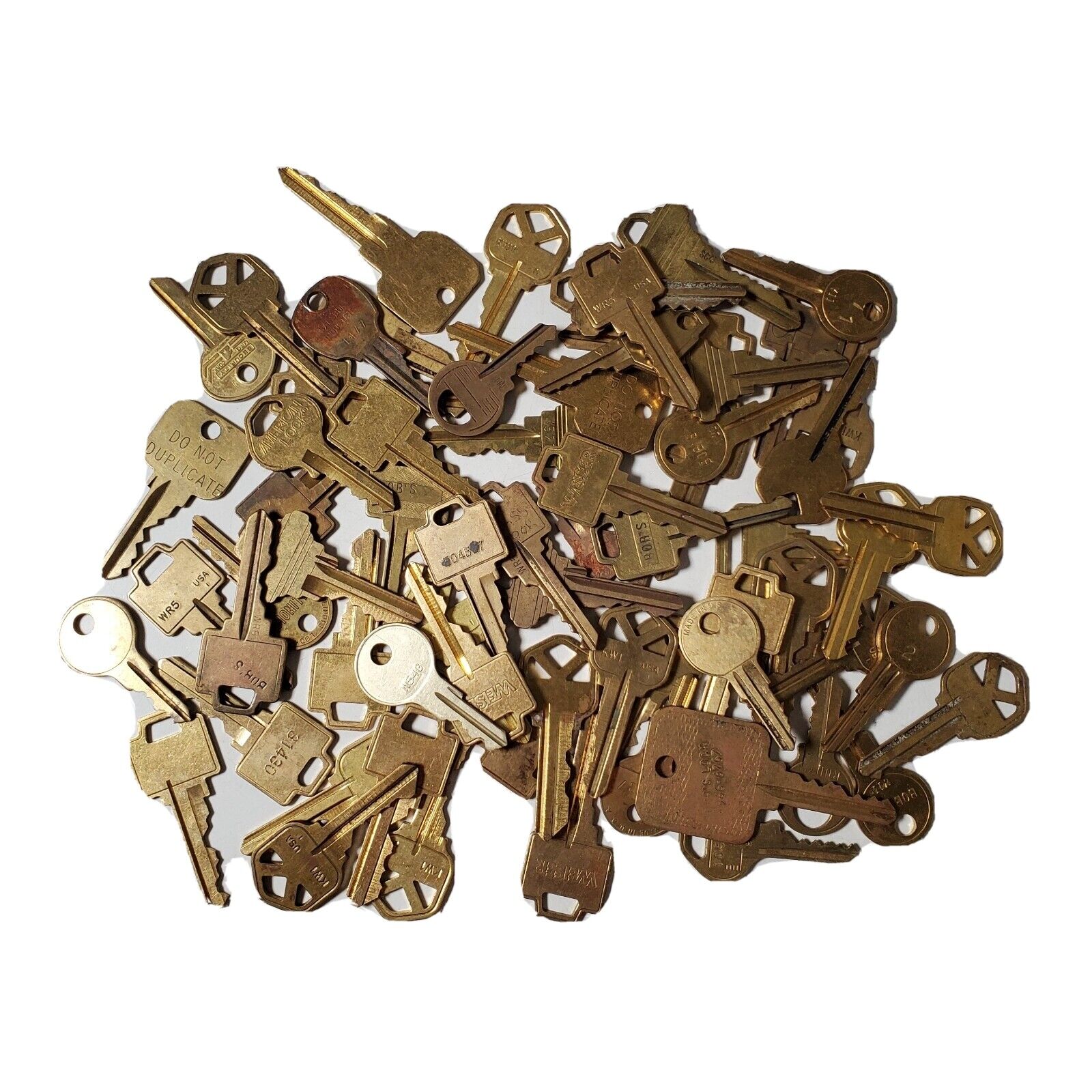 68 Old Obsolete Flat Brass Keys In A Variety Of Cuts Sizes And Makes