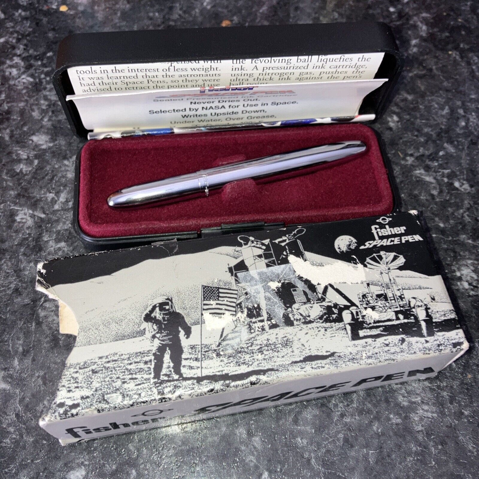 Vtg Fisher Space Pen Chrome Bullet With Original Box and Paperwork needs refill