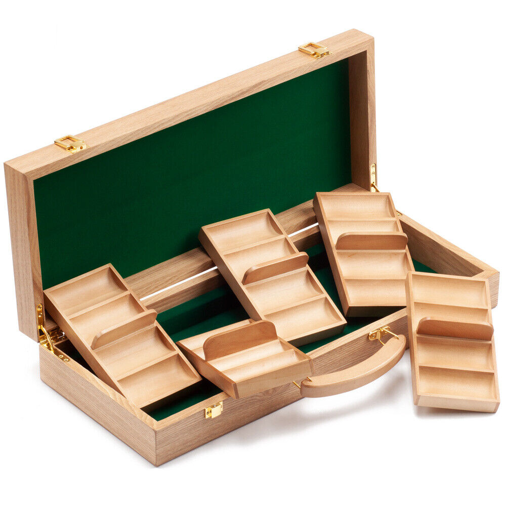 500 Count Premium Casino Round Solid Wood Poker Chip Case  - Oak