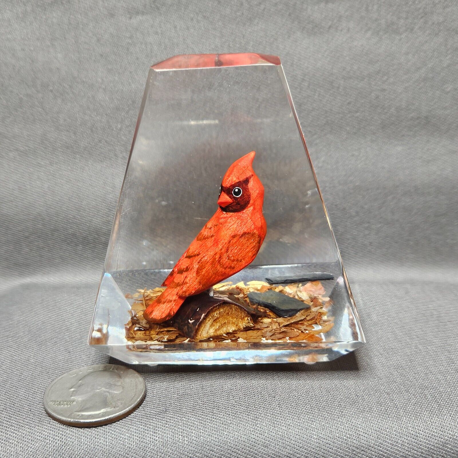 Vintage Lucite Paperweight Cardinal Unique Canada Hand Carved Wood Red Bird 5”