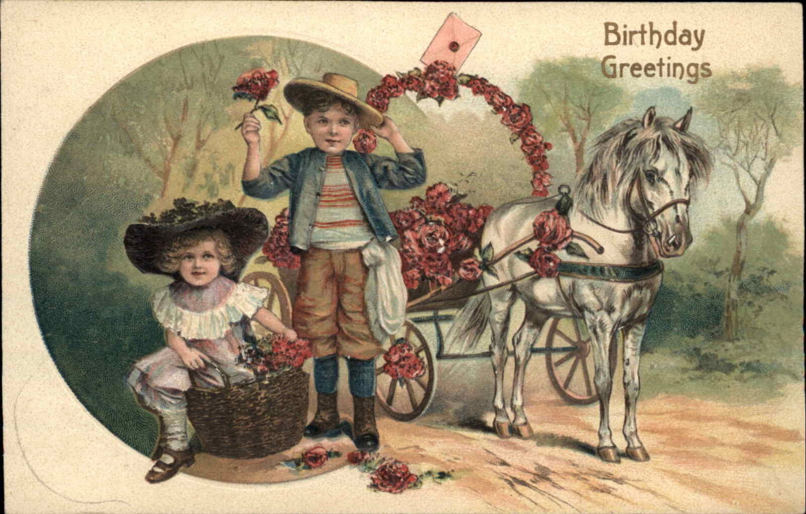 PFB Serie 7697 Children with Pony Cart c1910 Vintage Postcard