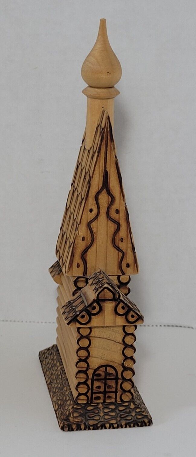 Vintage Russian Carved Wooden Church Figurine Burned Wood Souvenir Decor