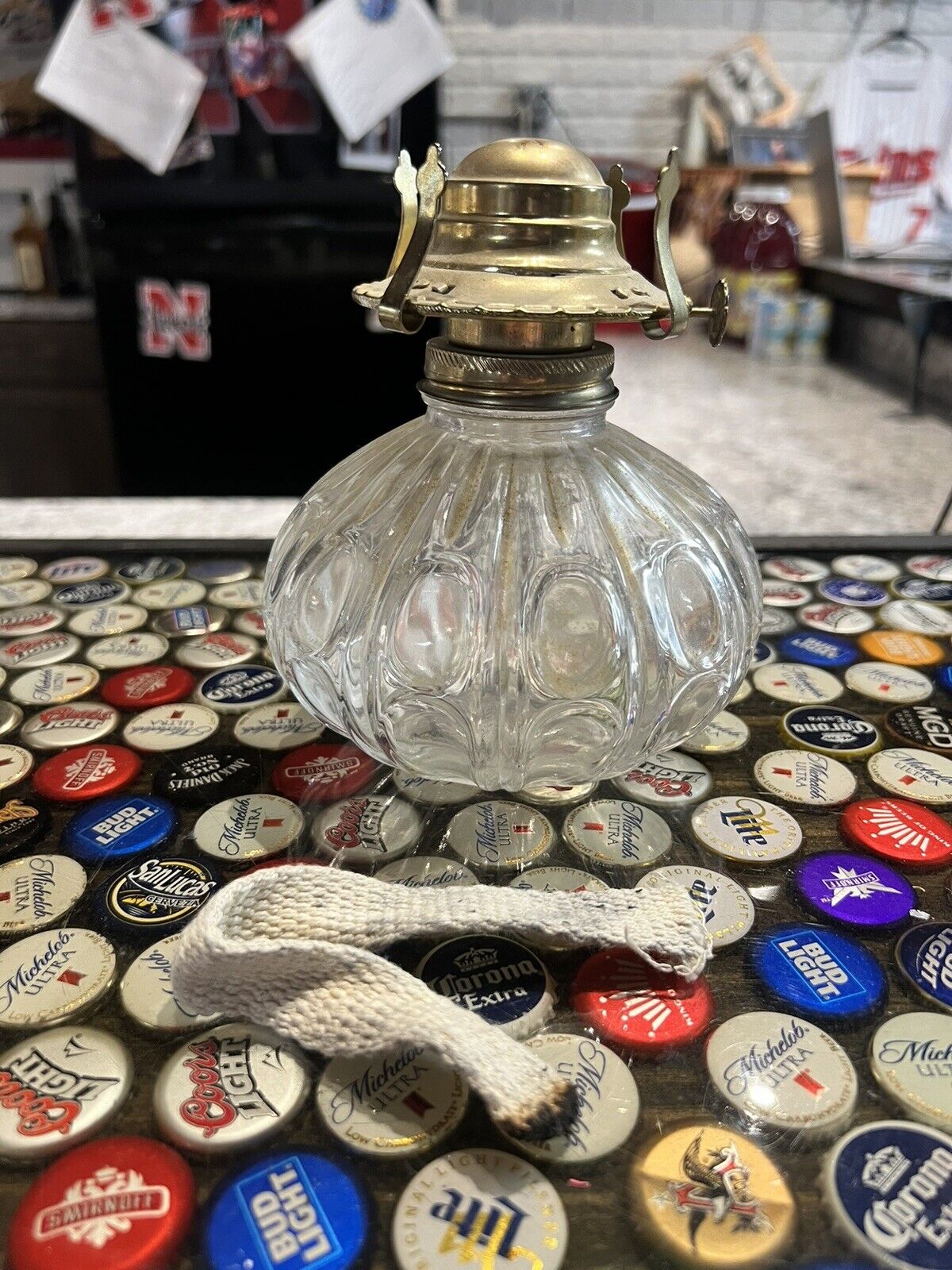 Vintage Lamplight Farms Clear Thumbprint Pattern Kerosene Oil Lamp Base + Wick