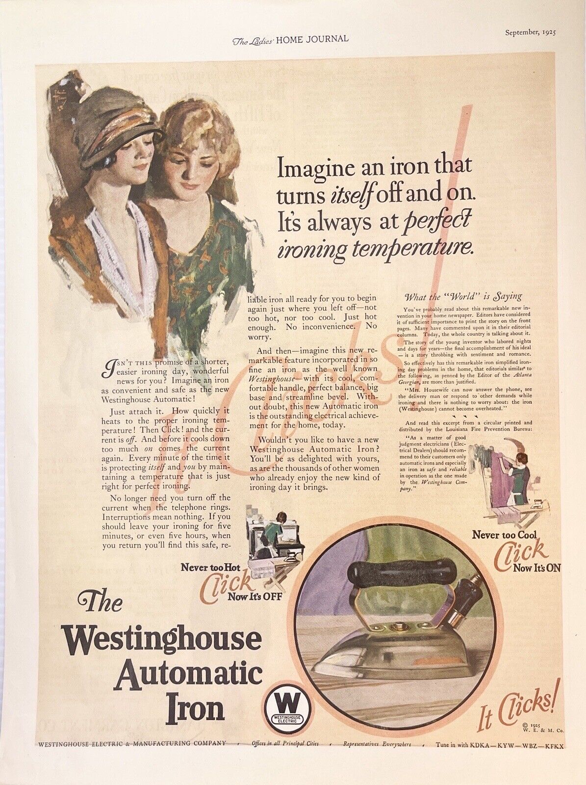 1920s~Westinghouse Iron~IT CLICKS~Flapper Women~Appliances~Art~Vintage Print Ad