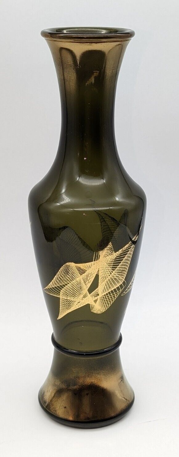 Vintage Smokey Green Glass Vase Gold Geometric Design 11 Inches Wheatonware?