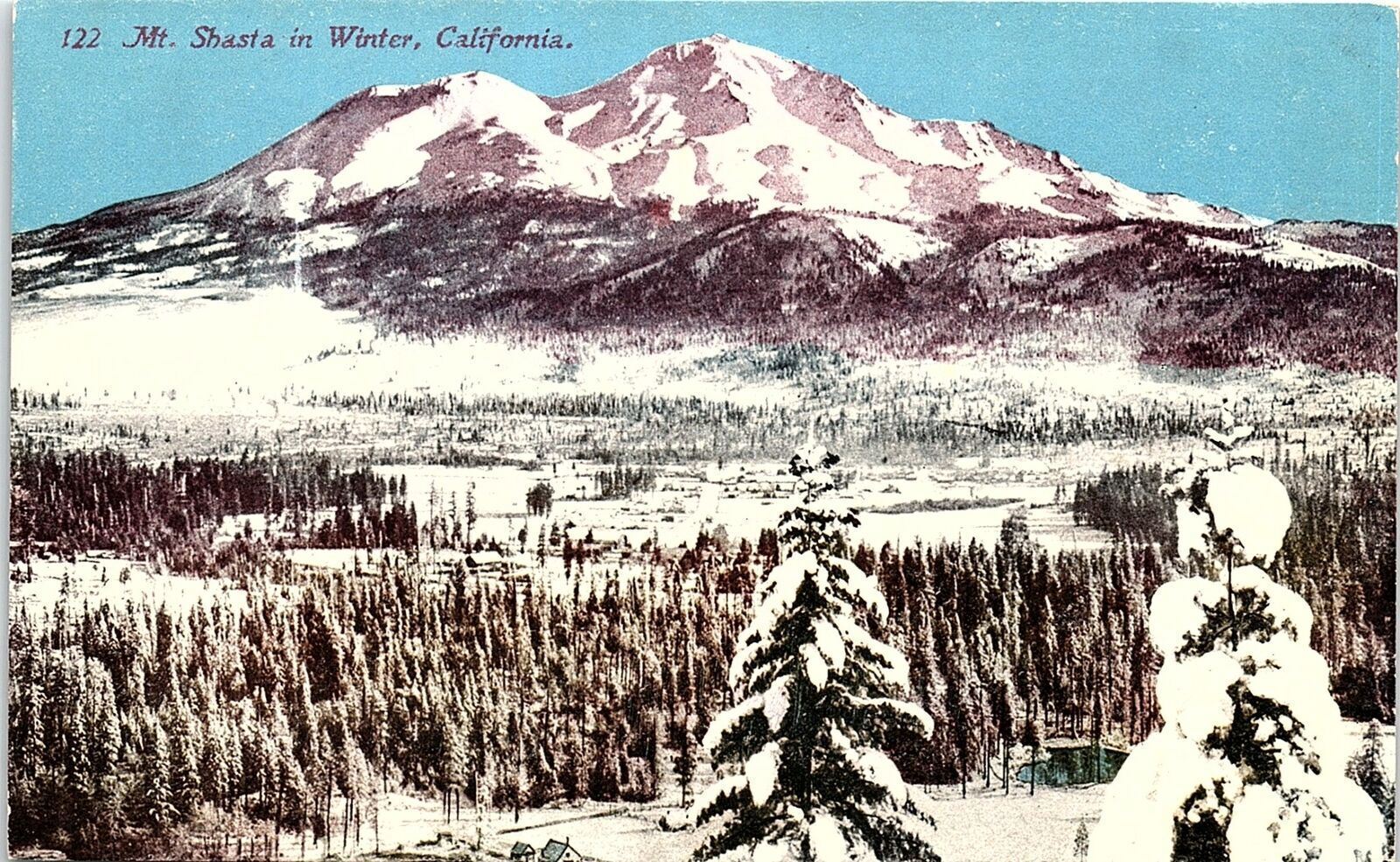 c1910 MT SHASTA CALIFORNIA IN WINTER SNOW COVERED TREES MOUNTAIN POSTCARD 42-25