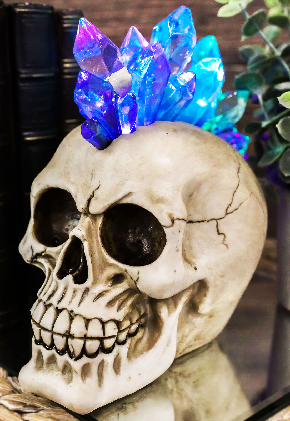 Colorful LED Night Light Mohawk Crystal Hair Skull Figurine Macabre Statue Decor
