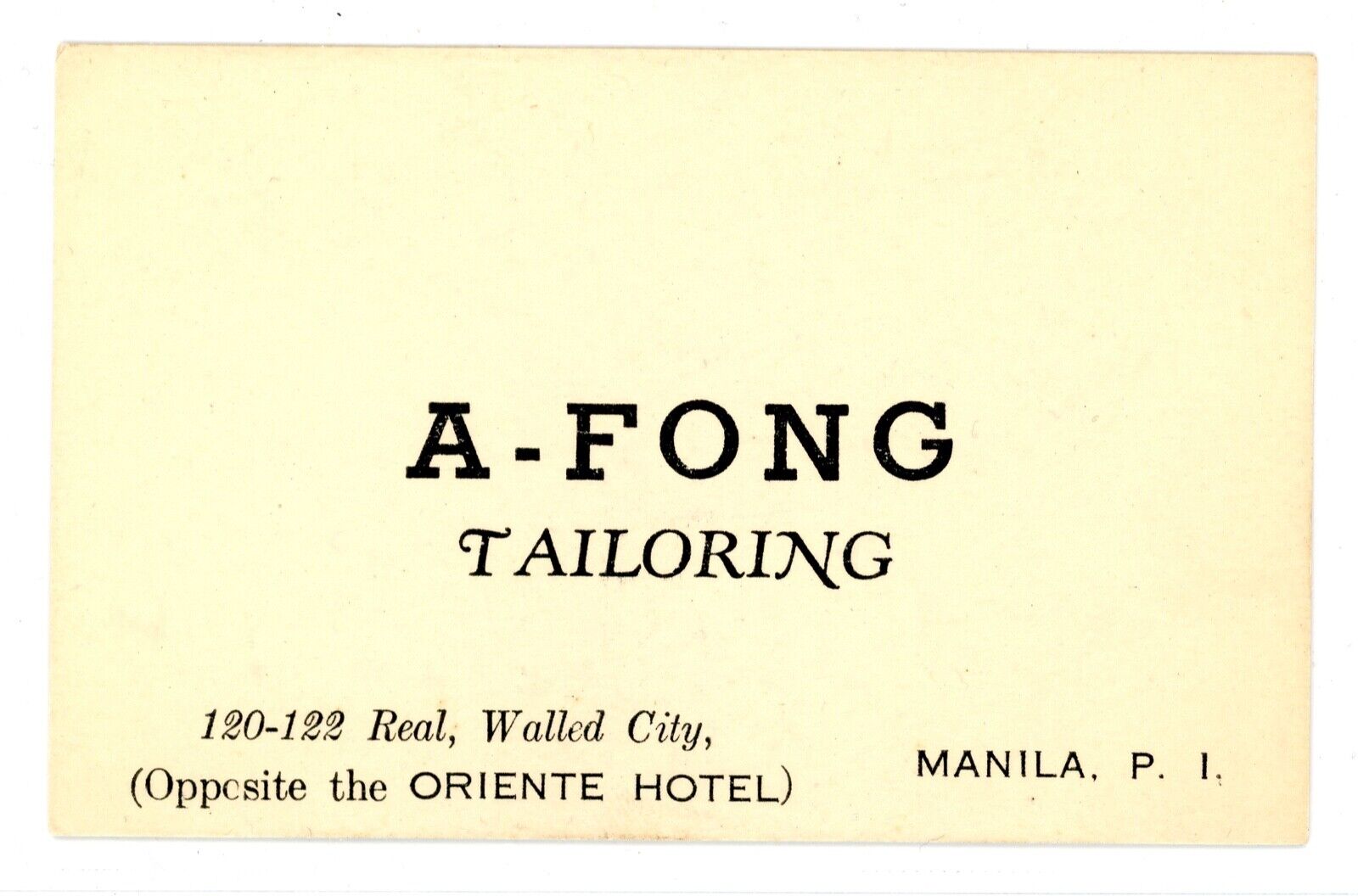 Vintage Philippine Business Card/Advertisement, A. Fong Tailoring