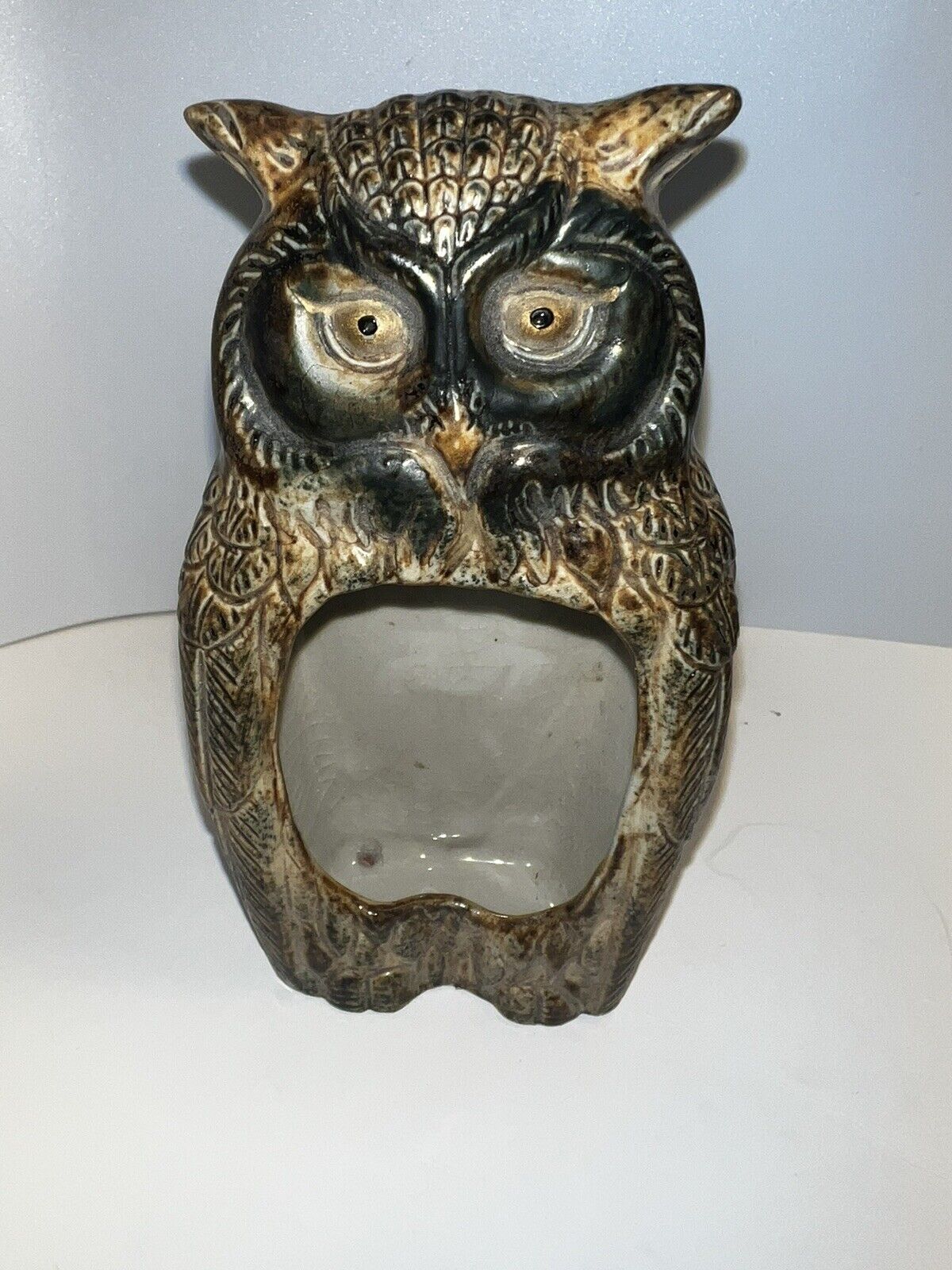 Vintage Retro Ceramic Owl Pottery Match Holder Great Horned Owl Brown