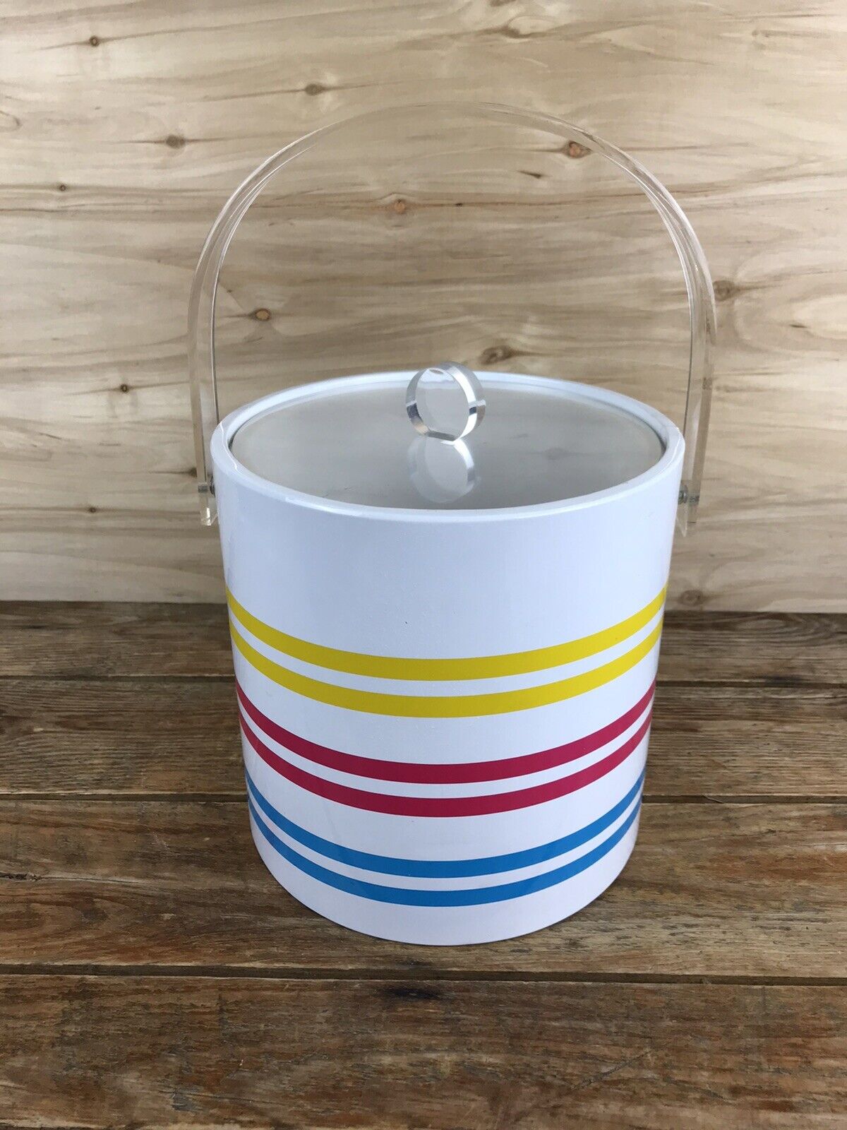 Vintage White 1980’s Ice Bucket Acrylic Lucite Lid Handle Color Stripes