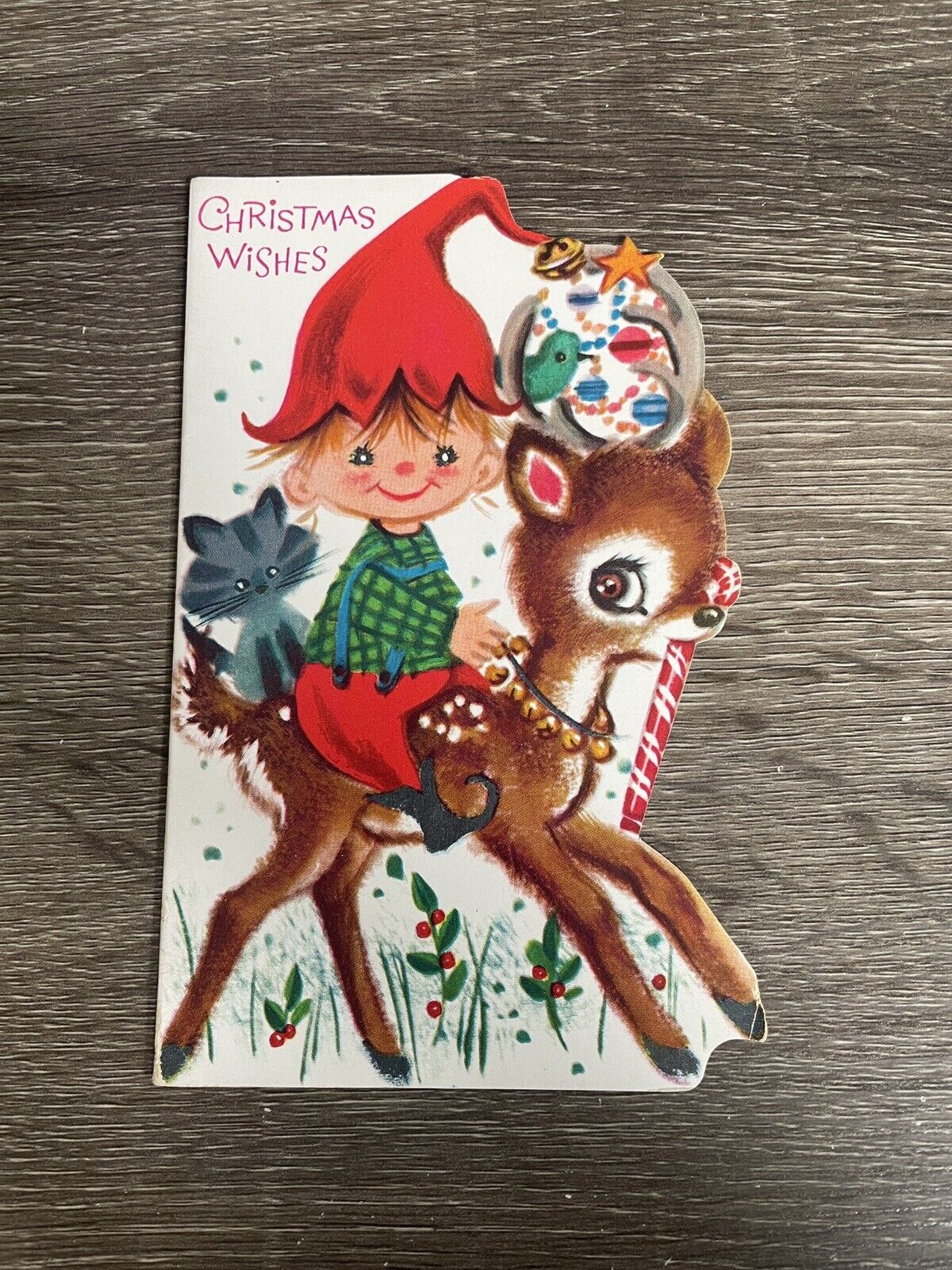 Vintage Christmas Card, Elf Boy Riding Reindeer, Hawthorne Sommerfield, Unused