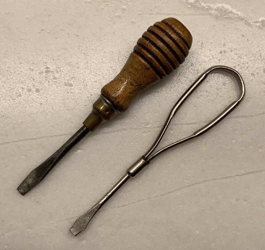 Antique Turned Wood & Metal Sewing Machine  Tool Small Screwdrivers, 3”