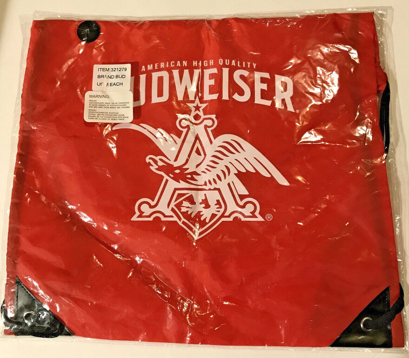 Budweiser American High Quality Drawstring Bag Backpack  Pocket Red White 12”x14