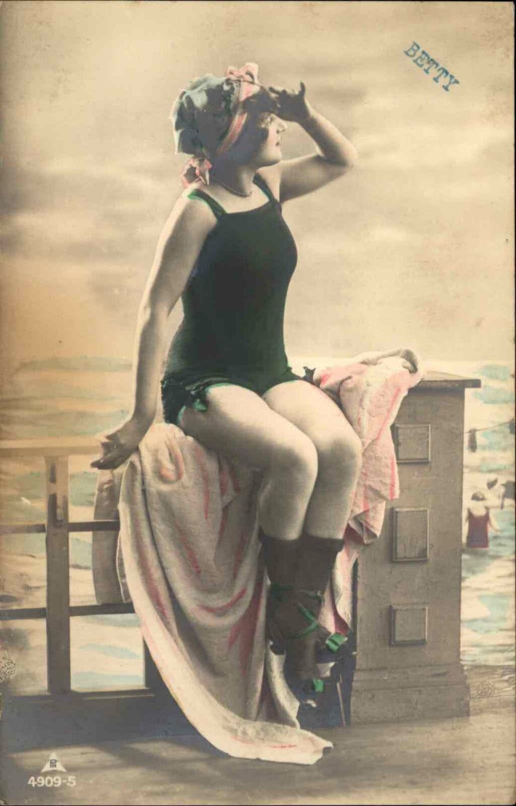 Bathing Beauty Woman 4909-5 Tinted Real Photo Postcard c1915