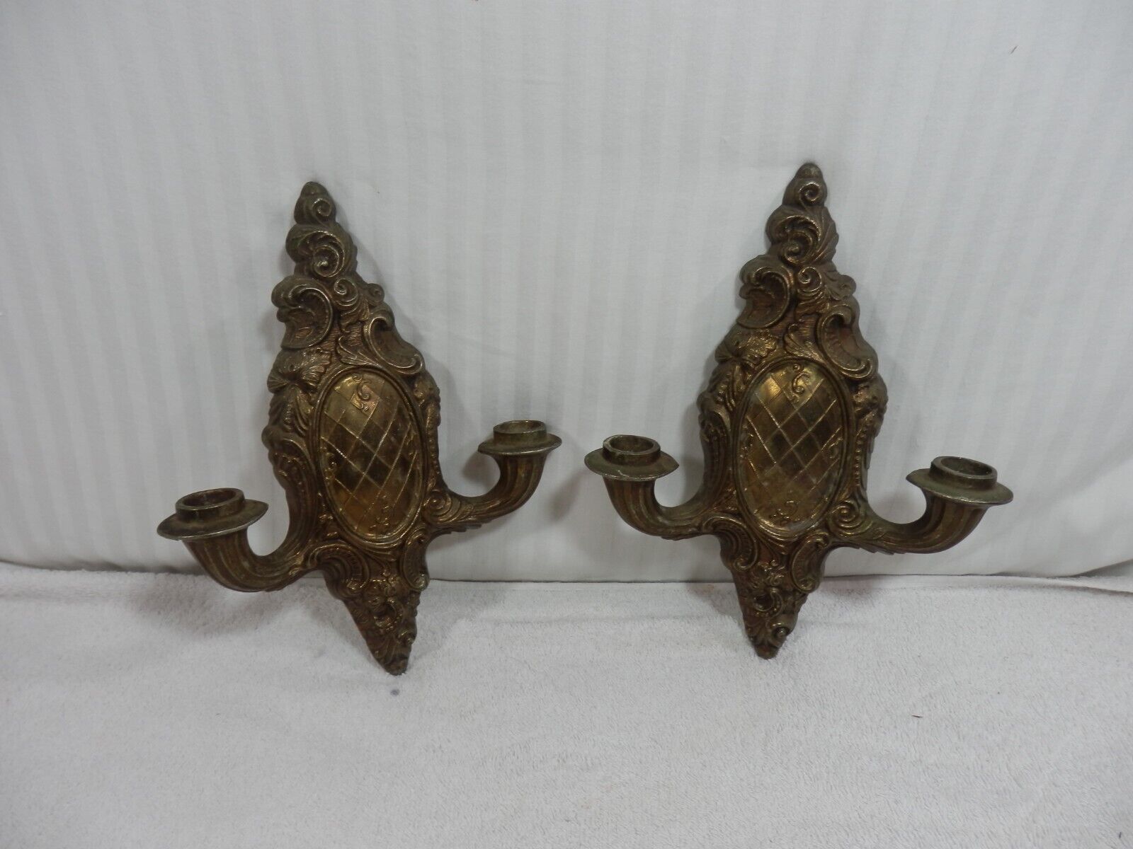 Vtg Pair 2 Brass Candle Wall Sconces Hollywood Regency Ornate