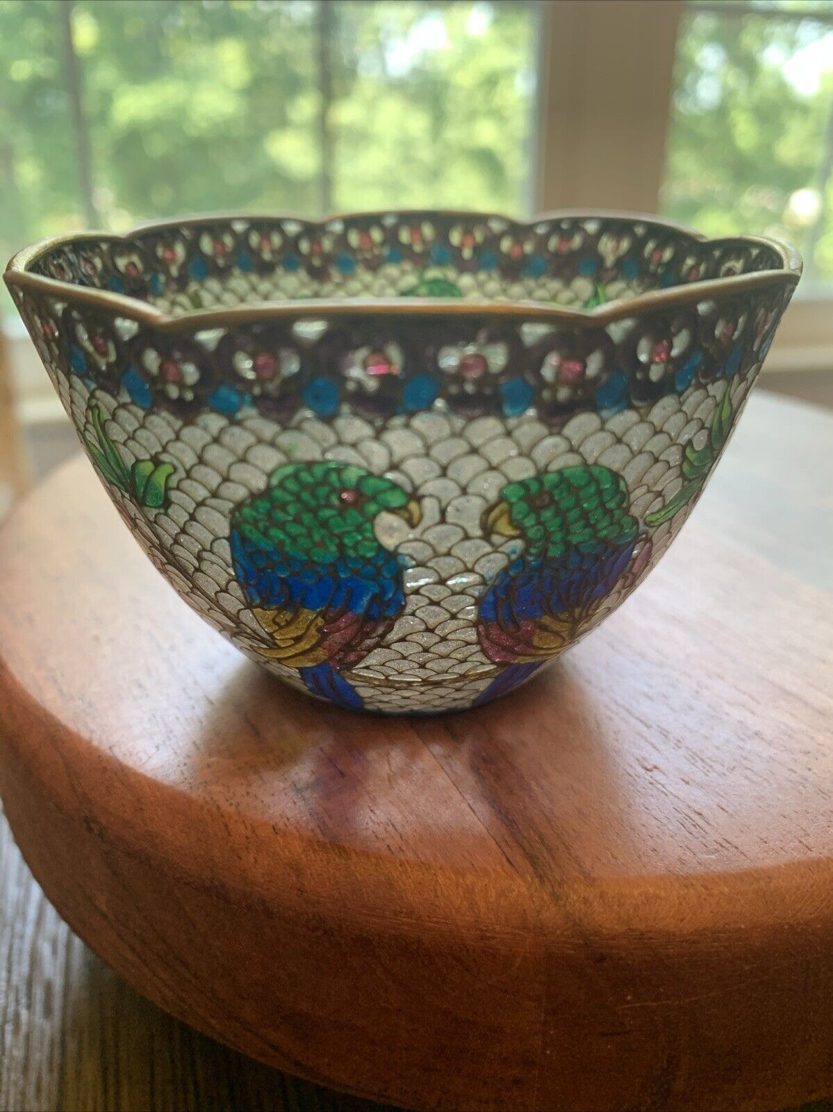 Vintage Plique A Jour Miniature Bowl Cloisonne Chinese Enamel Parrots Birds