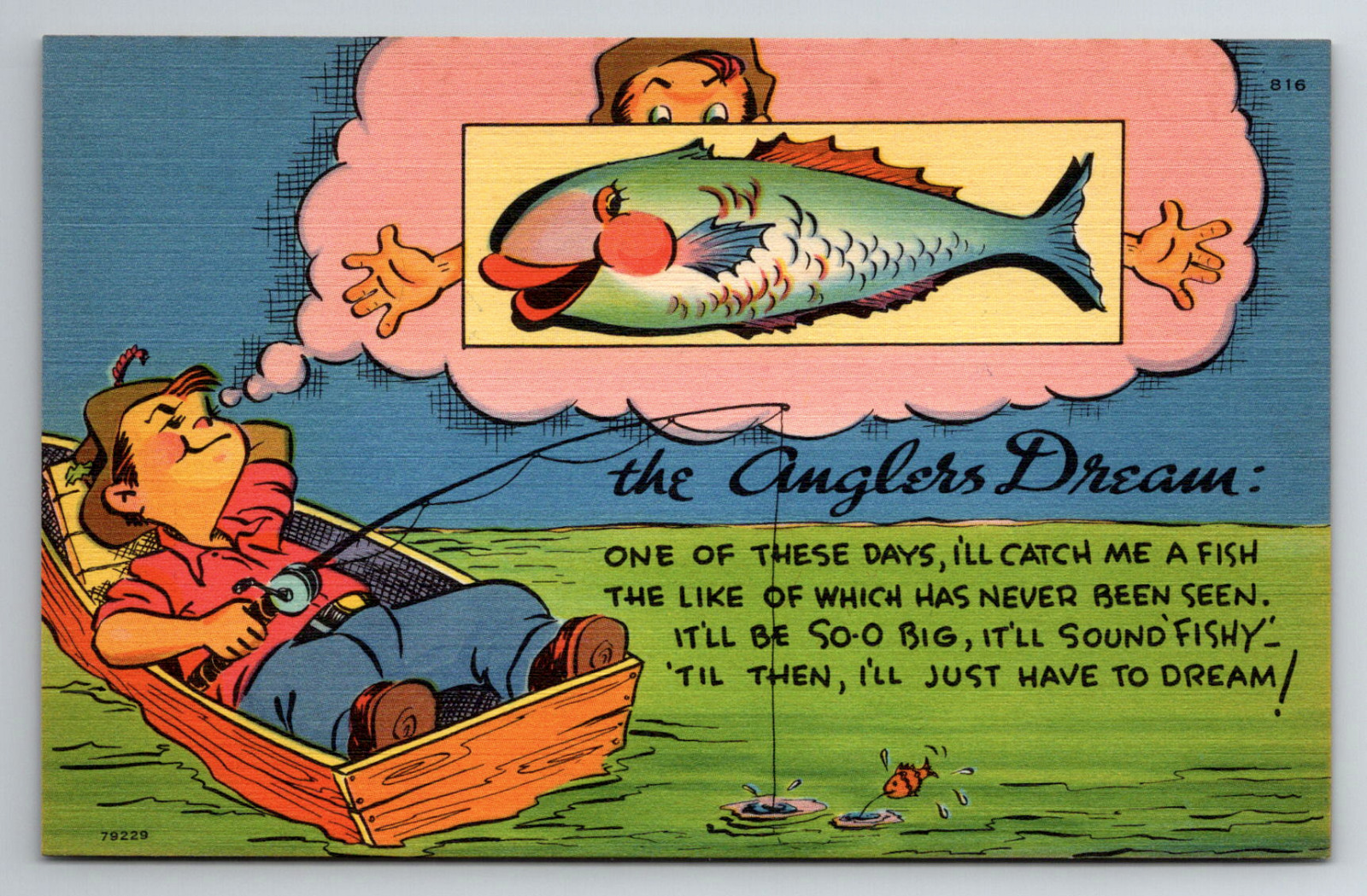 The Anglers Dream Fishing Comic Colorful Comedy Fish Vintage Linen Postcard