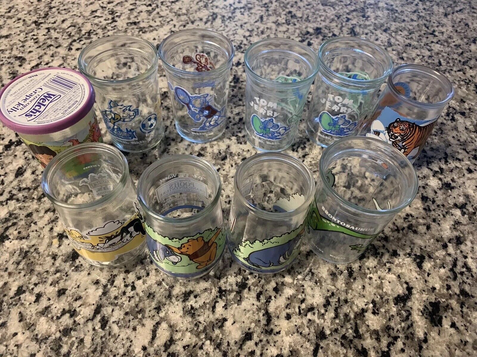Mixed Lot of 10 Welch’s Jelly Jam 4” Jar Juice Glasses Pooh, Dragon Tales Etc.