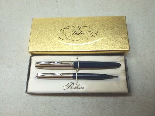 Vintage Parker 21 Fountain Pen And Mechanical Pencil Set Navy Blue Made In USA 