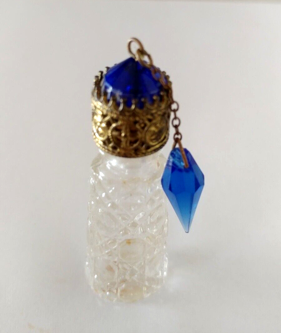 Vintage Antique Perfume Bottle Czech Irice Filigree Jeweled Blue Dangle 1920s