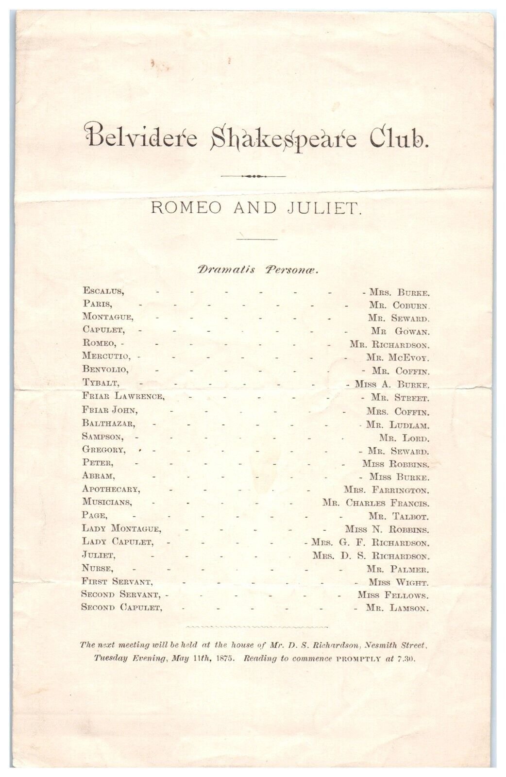 1875 Belvidere Shakespeare Club Romeo & Juliet Cast List May 11th, New JErsey A3