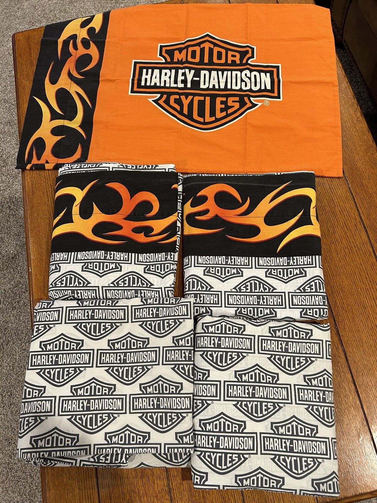2 sets Harley-Davidson Twin Sheets + 1 pillow case Motorcycle Flame Logo RARE