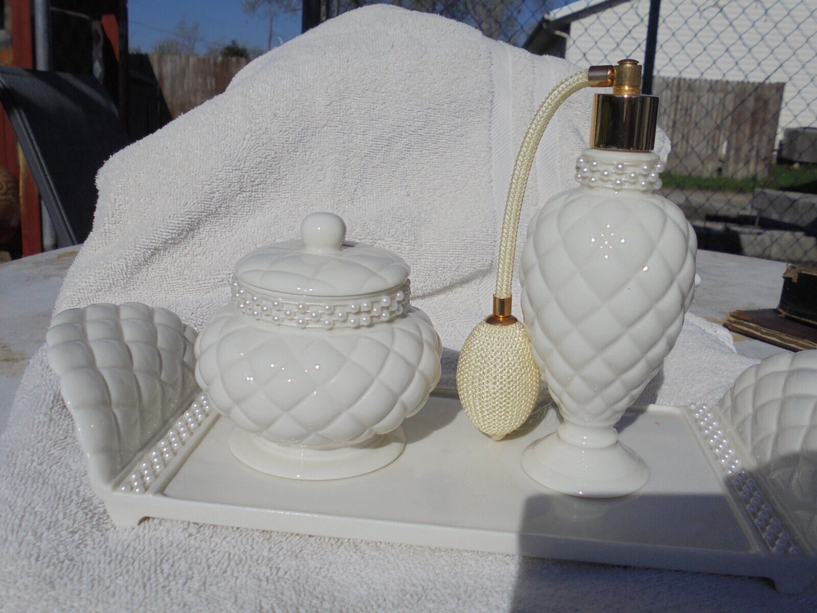 Vintage 3 Pc. Vanity Set White Quilted Ceramic w/ Faux Pearls