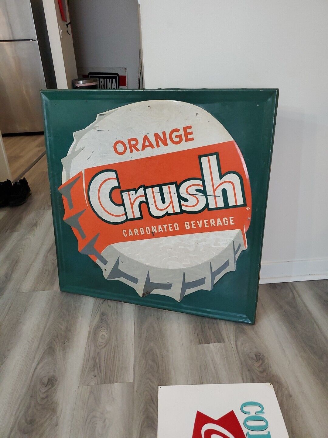 c.1950s Original Vintage Drink Orange Crush Sign Metal Embossed Crushy Soda Gas 